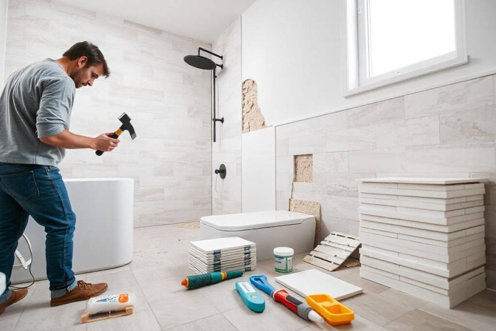 A person holding a hammer for doing how to replace bathroom tiles