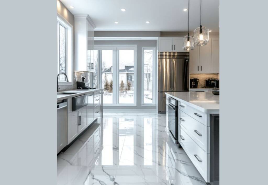 Modern kitchen with high-gloss marble-look tile flooring – average cost of kitchen tile floor installation by Precise Tile & Stone