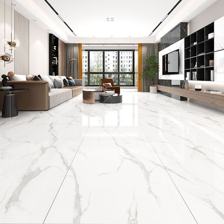 Spacious modern living room with polished white marble-look tiles, ideal for showcasing luxury design and helping homeowners estimate tile floor installation cost.
